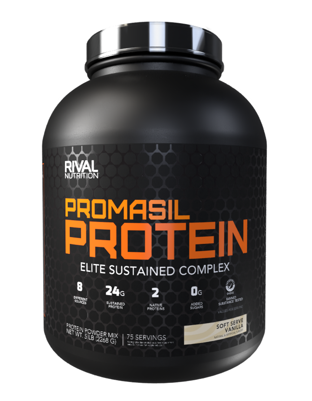 A 5 LB, 75 Serving container of Rival Nutrition Promasil Protein Soft Serve Vanilla flavored Elite Sustained Complex Protein Powder container on a clear background