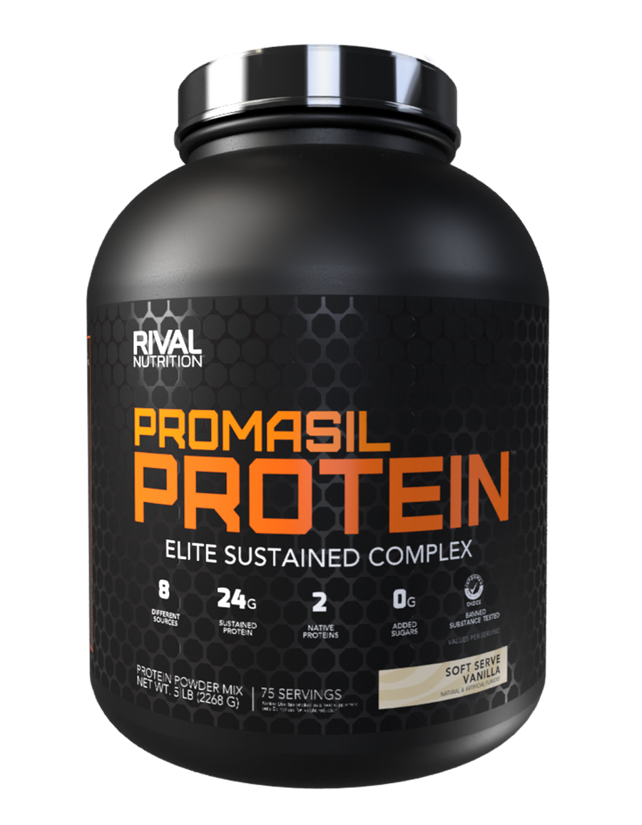 A 5 LB, 75 Serving container of Rival Nutrition Promasil Protein Soft Serve Vanilla flavored Elite Sustained Complex Protein Powder container on a clear background