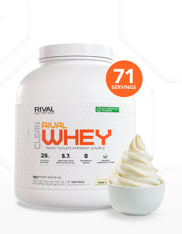 A 5 LB, 71 Serving container of Clean Rival Whey True Vanilla naturally flavored protein powder container with a bowl of vanilla ice cream as a flavor image on a clean white background thumbnail 1