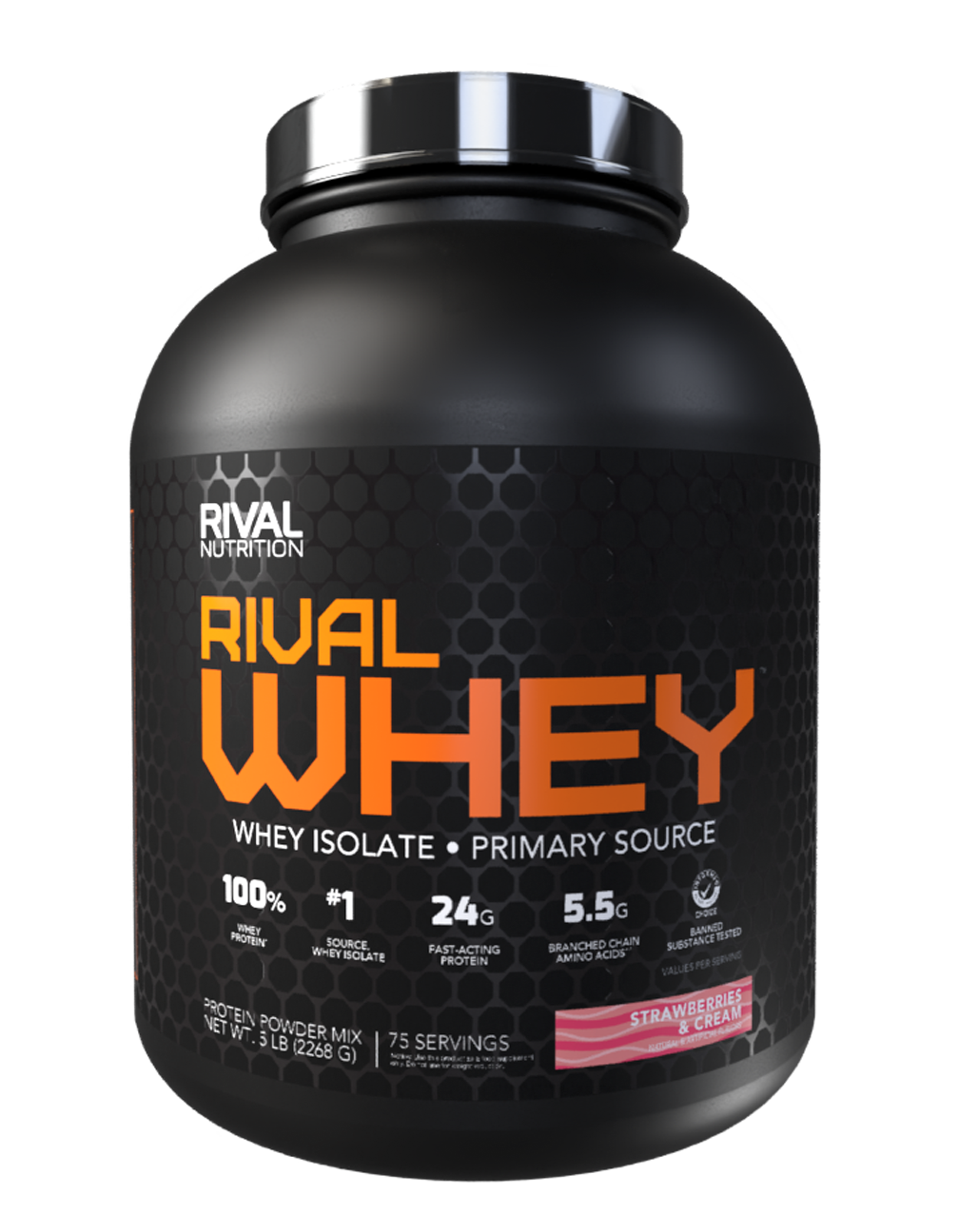 A 5 LB, 75 Serving container of Rival Whey Strawberries and Cream flavored protein powder container on a clear background