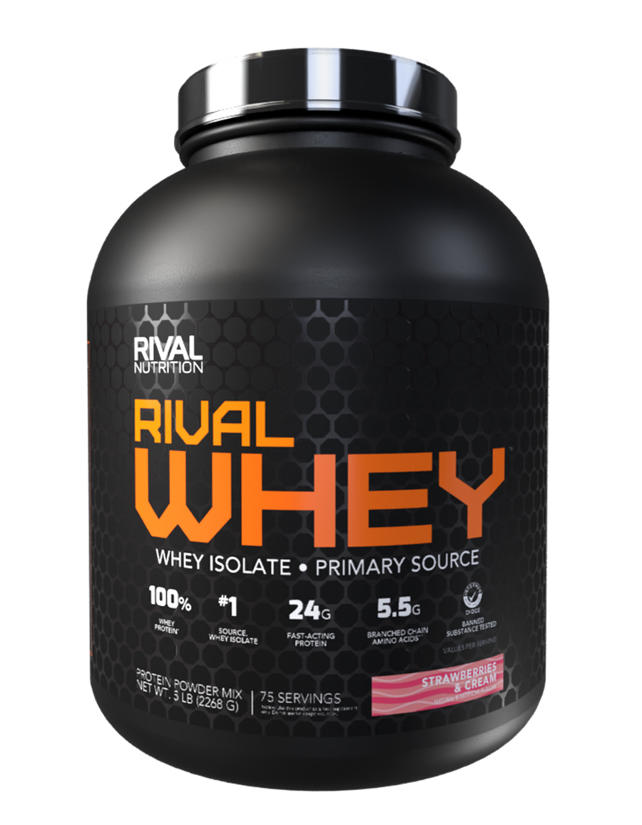 A 5 LB, 75 Serving container of Rival Whey Strawberries and Cream flavored protein powder container on a clear background