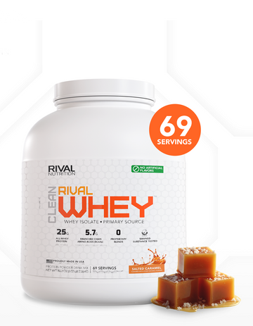 A 5 LB, 69 Serving container of Clean Rival Whey Salted Caramel naturally flavored protein powder container with Cubes of Caramel with delicious sea salt on top of them as a flavor image on a clean white background thumbnail 6