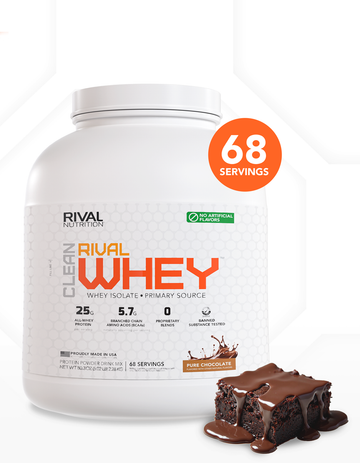 A 5 LB, 68 Serving container of Clean Rival Whey Pure Chocolate naturally flavored protein powder container with a fudge brownie as a flavor image on a clean white background thumbnail 7