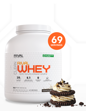 A 5 LB, 69 Serving container of Clean Rival Whey Cookies and Cream naturally flavored protein powder container with Chocolate Cookies and Vanilla Cream as a flavor image on a clean white background thumbnail 5