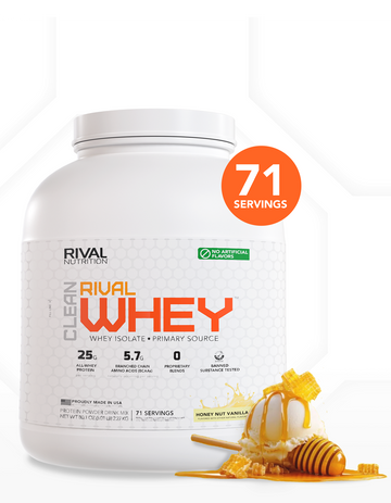A 5 LB, 71 Serving container of Clean Rival Whey Honey Nut Vanilla naturally flavored protein powder container with vanilla ice cream covered in honeycomb and honey as a flavor image on a clean white background thumbnail 4