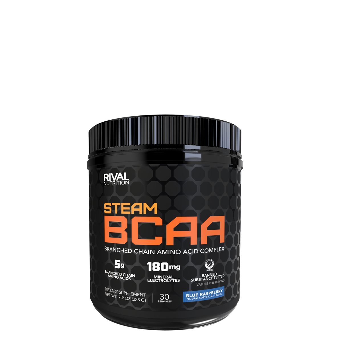 Black container of Blue Raspberry flavored Rival Nutrition Steam BCAA (Branched Chain Amino Acid Complex) supplement on a clear background